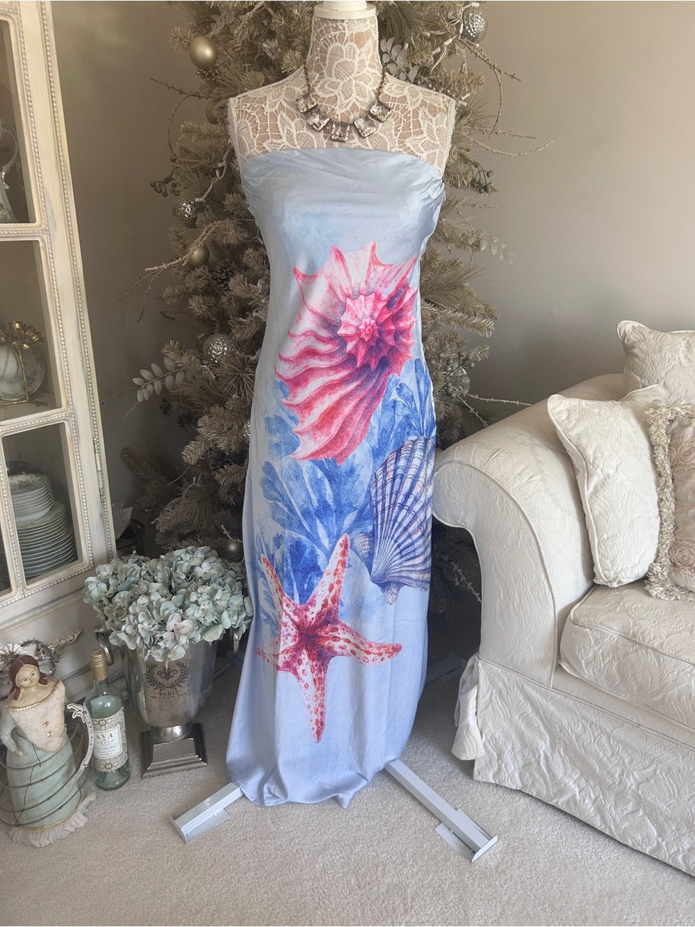 Strapless Sea Life Print Maxi Dress in Light Blue
